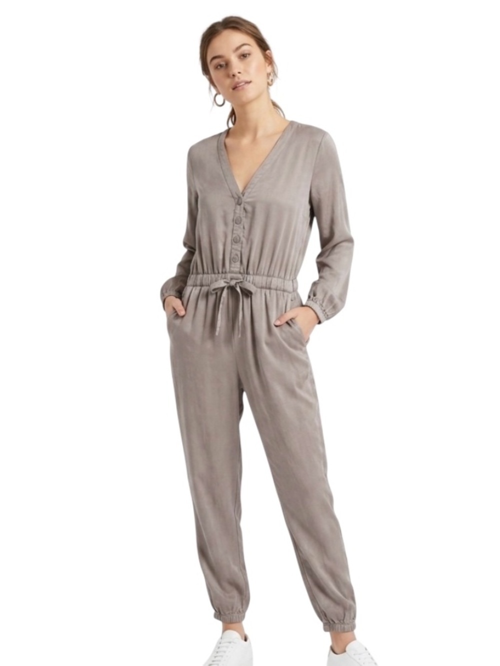 NATION LTD Salma Jumpsuit XS  Satin Gray Long Sleeve Luxe Utility Euro Summer